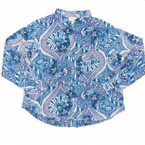 Calypso St Barth Cotton Button Down Shirt Blouse Blue Size Large Paisley Delft